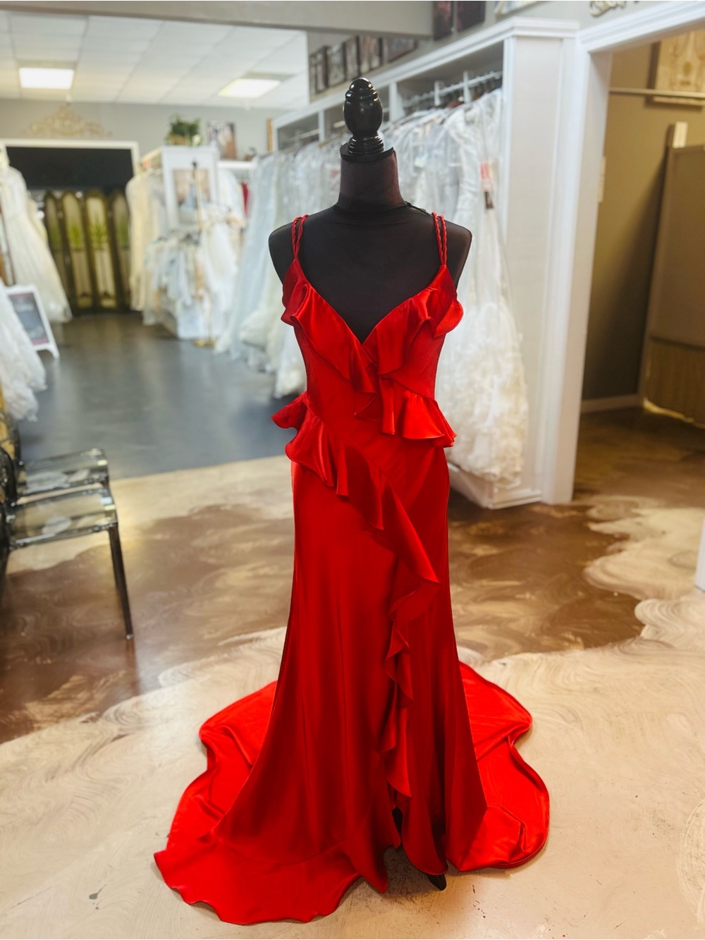 Ava Presley Red Ruffle Satin Prom Gown with Double Spaghetti Straps